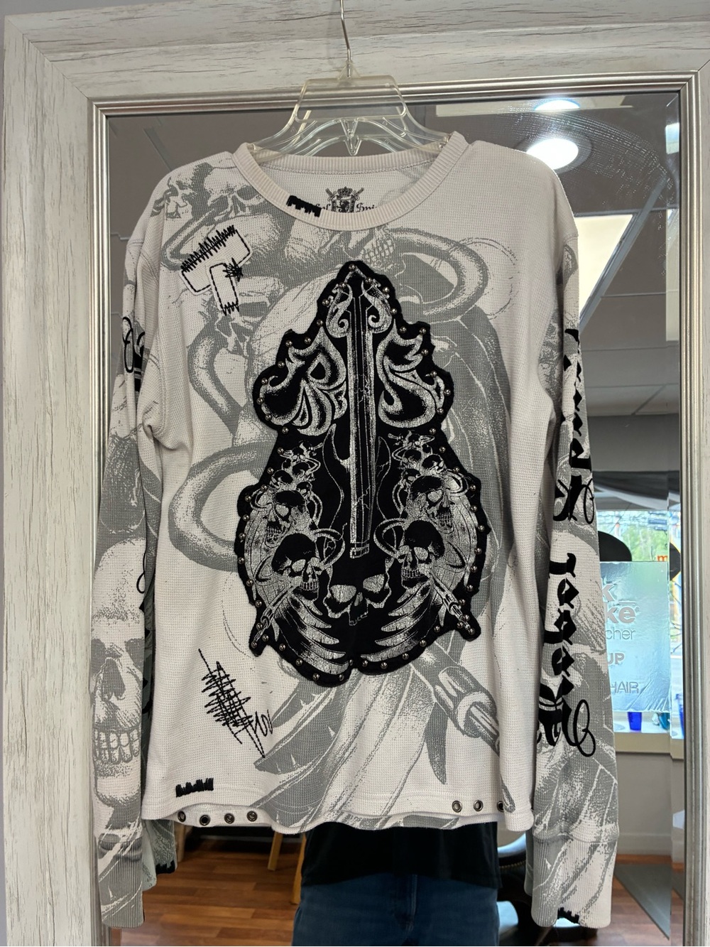 Rebel Spirit White Long-Sleeve Graphic Shirt with Black Print